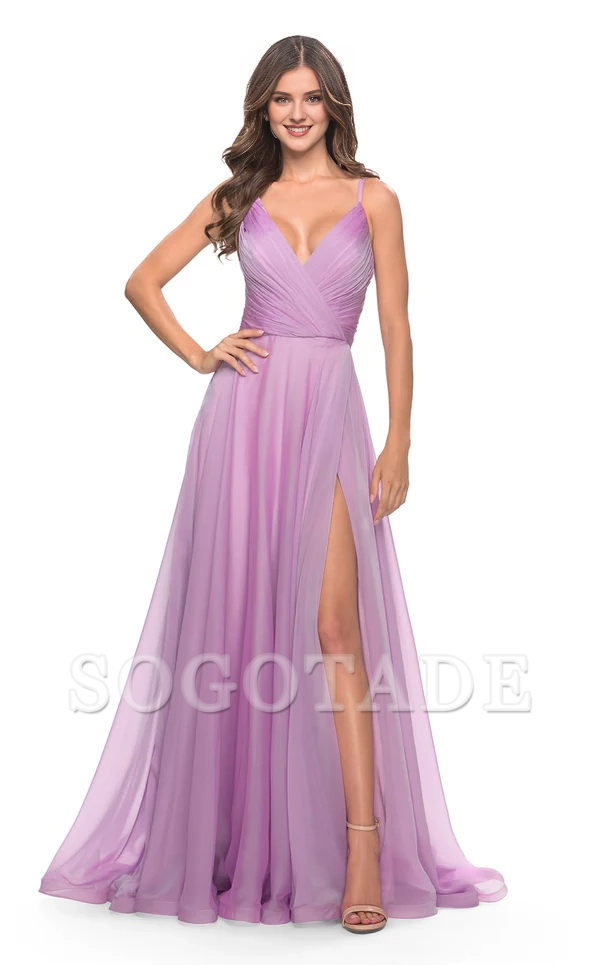 A-line deep V-neck slim shoulder strap tight corset and floor length evening dress-SOGOTADE