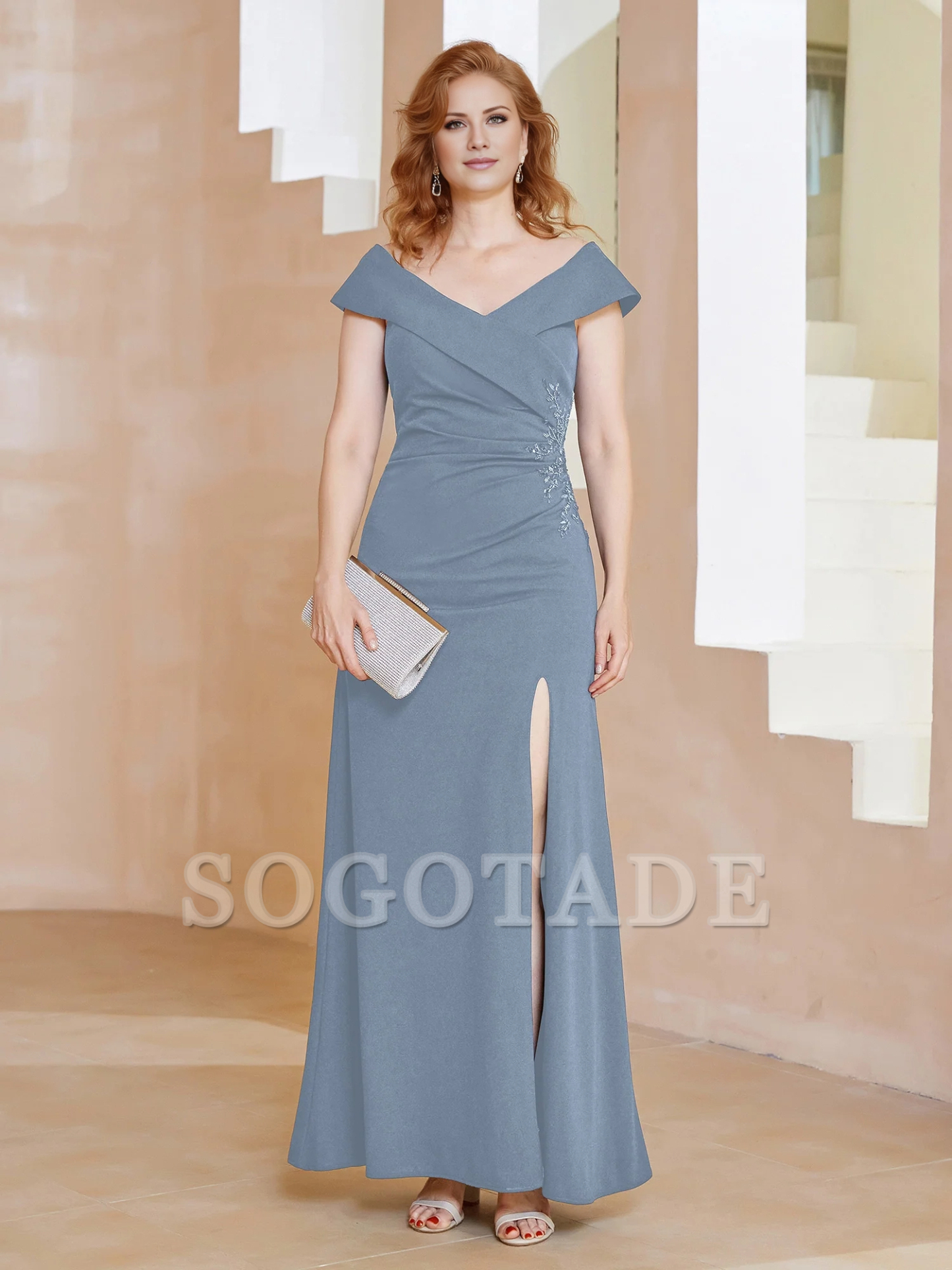 V-neck slit bead sequins mother of the bride dress