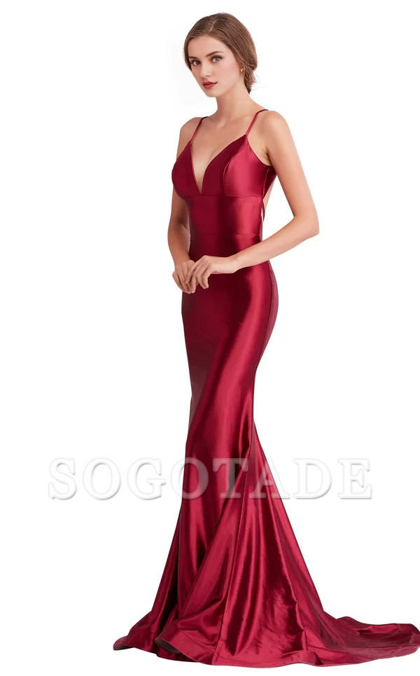 Mermaid V-neck slim shoulder strap backless and floor length evening gown