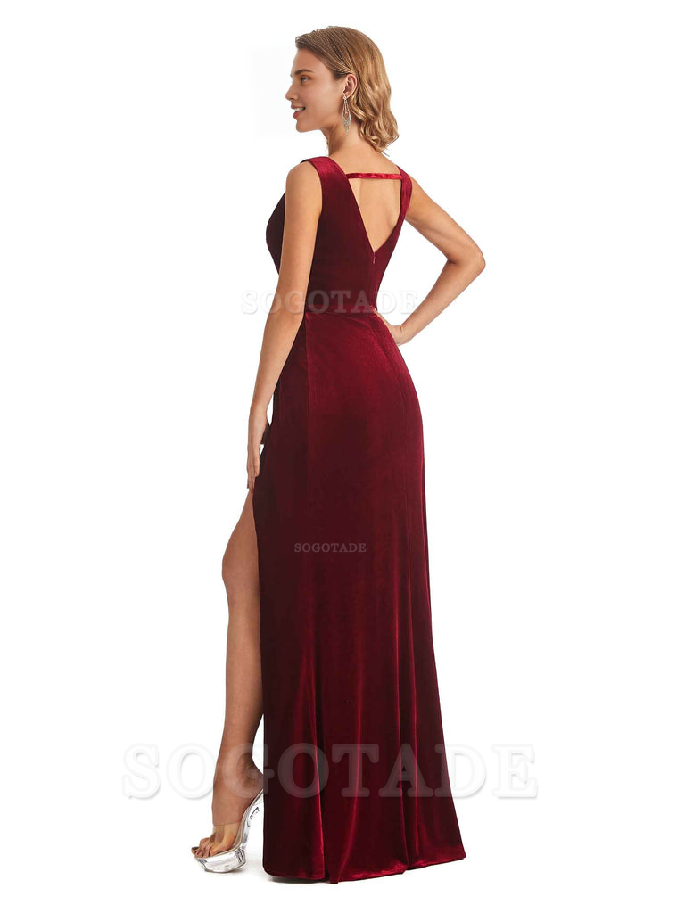 Sexy Deep V-Neck Sheath Velvet Side Slit Long Elegant Bridesmaid Dresses Formal Women's Dresses Wedding Guests Dresses