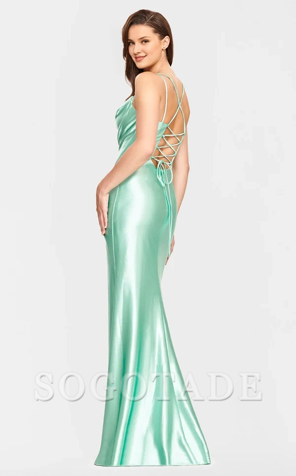 Hooded spoon collar thin shoulder strap side slit and floor length evening dress