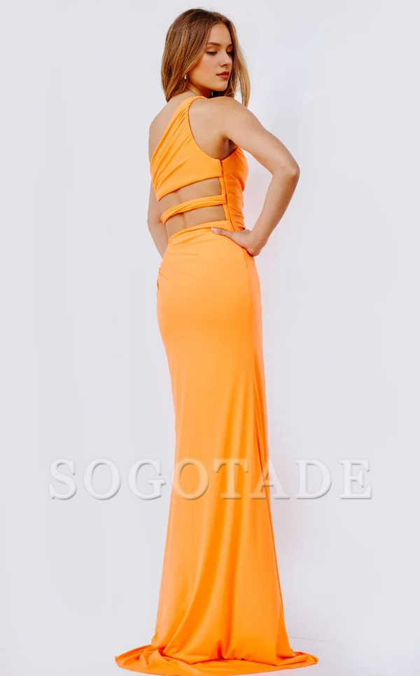 Asymmetric collar tight corset with side slits and floor length evening dress