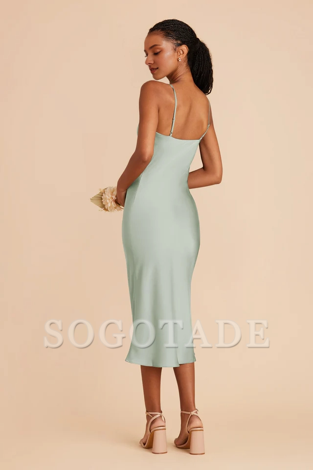 Fully lined pleated neckline mid length side zipper bridesmaid dress