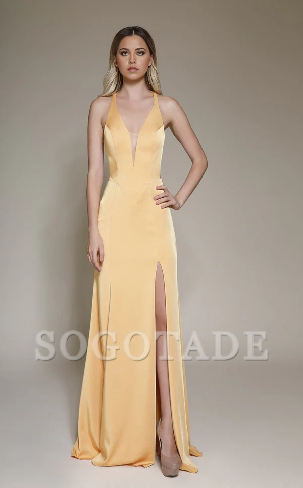 A-line deep V-neck satin and floor length Prom dress-SOGOTADE