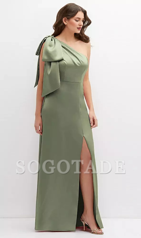 Unique oversized shoulder bow one shoulder satin long Prom dress