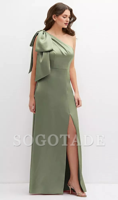 Unique oversized shoulder bow one shoulder satin long Prom dress