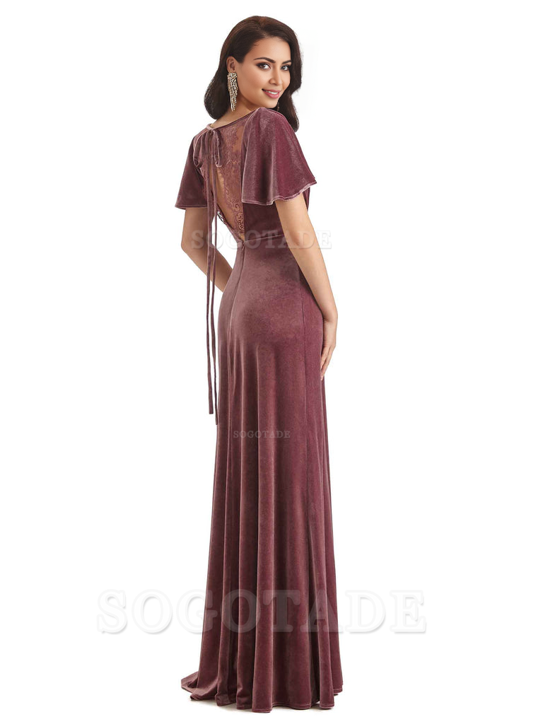 V-Neck Sexy See Through Short Sleeves Lace up Velvet Long Bridesmaid Dresses Formal Women's Dresses Wedding Guests Dresses