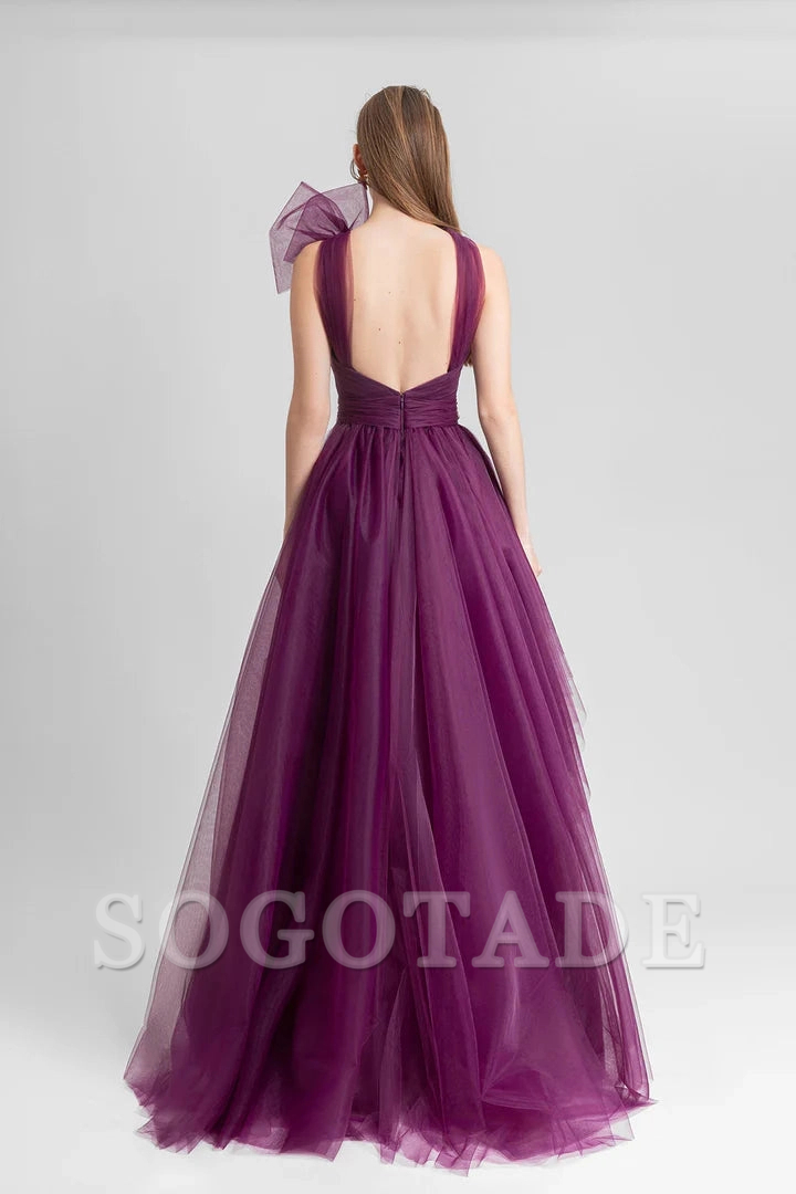 Asymmetric collar pleats and floor length gowns even dresses