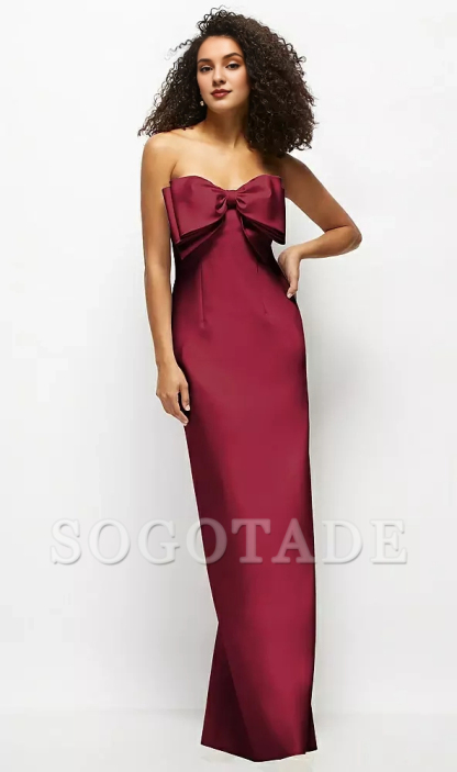 Handmade oversized bow strapless satin long bridesmaid dress