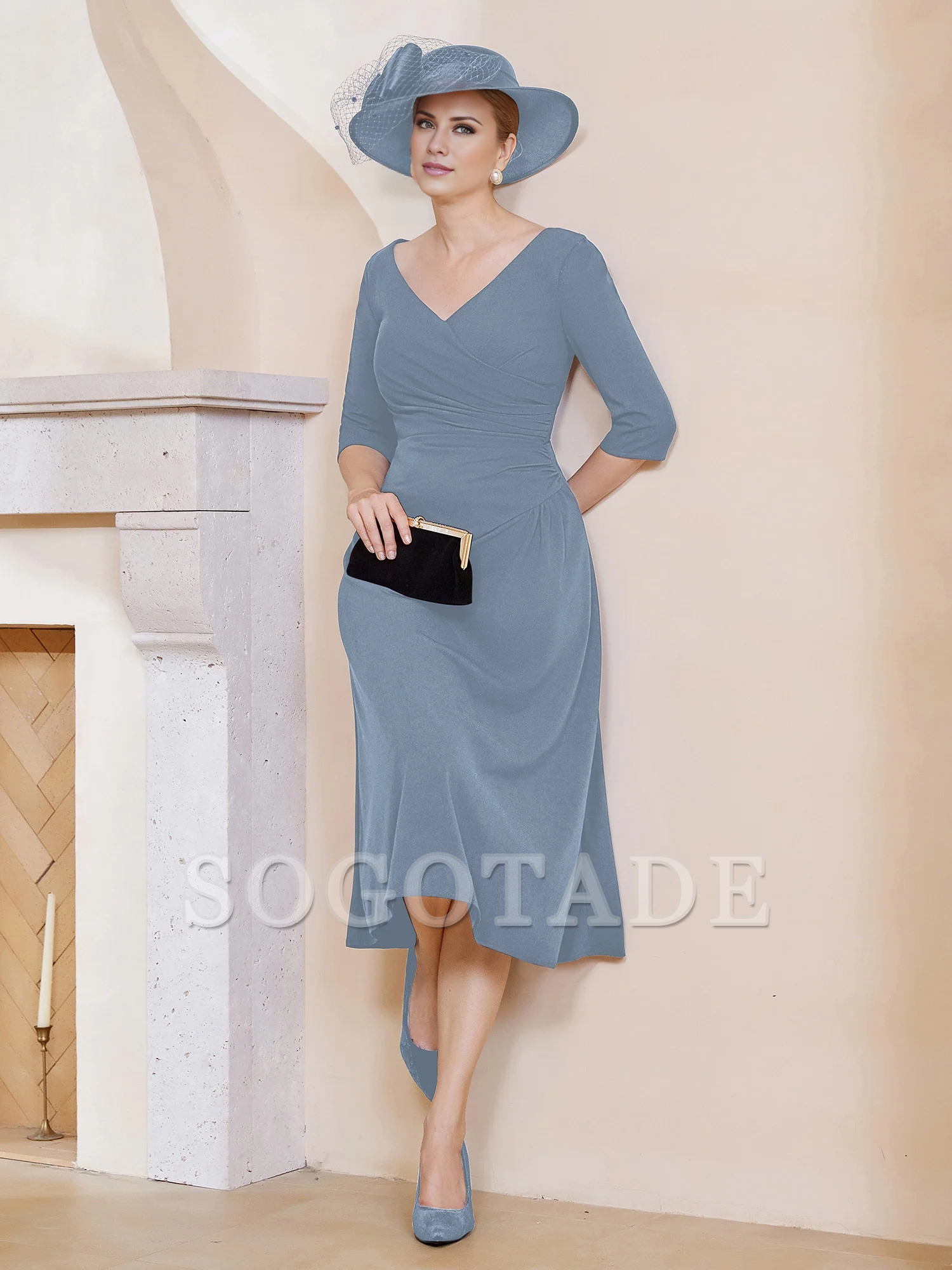 V-neck pleated A-line mother of the bride dress