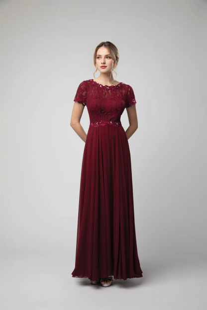 A-line lace tight corset long short sleeved chiffon dress-SOGOTADE