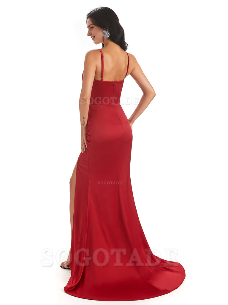 Sexy Soft Satin Spaghetti Straps Side Slit Mermaid Bridesmaid Dresses Formal Women's Dresses Wedding Guests Dresses