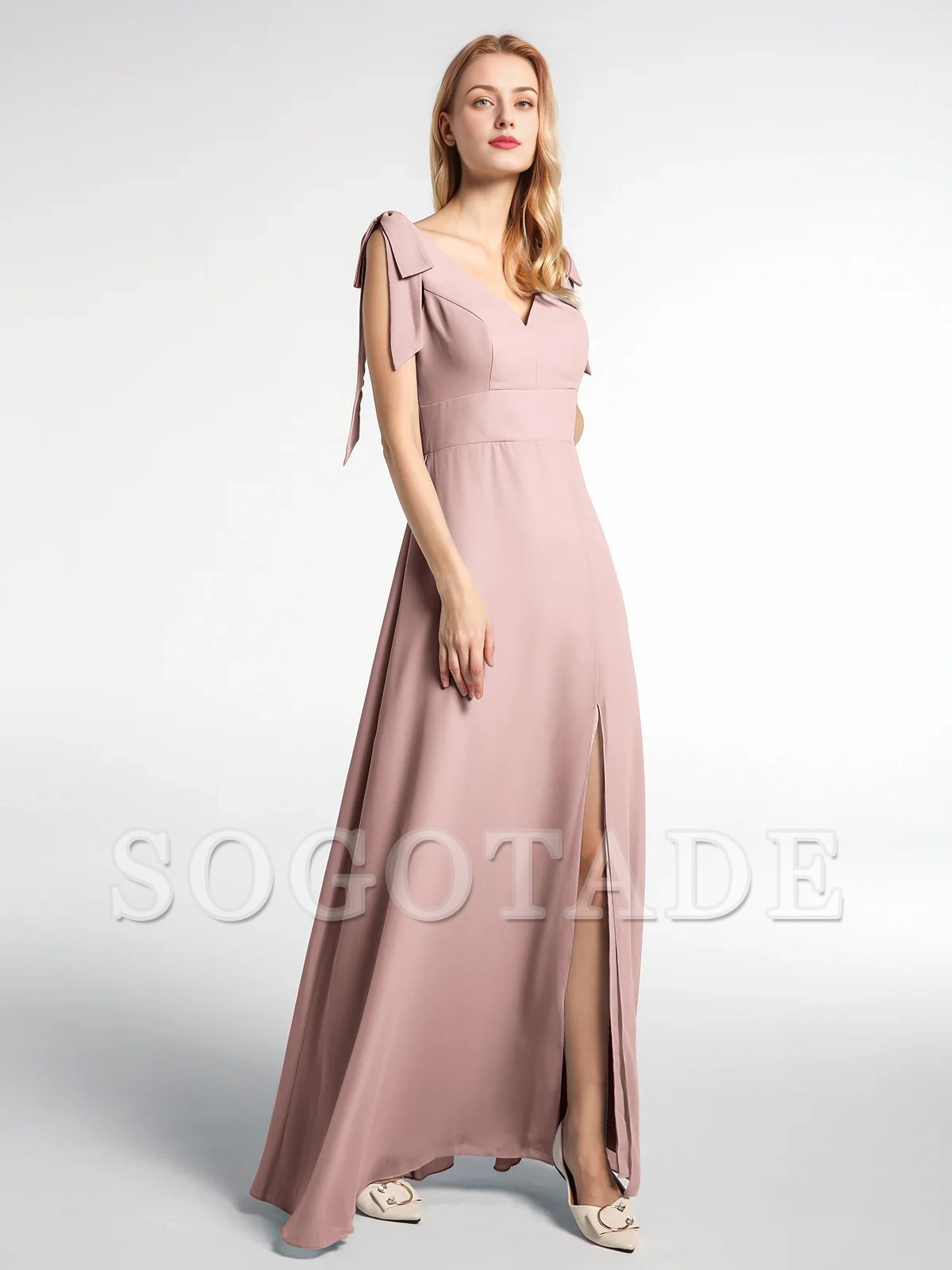 Bow flat ribbon chiffon front slit long skirt
