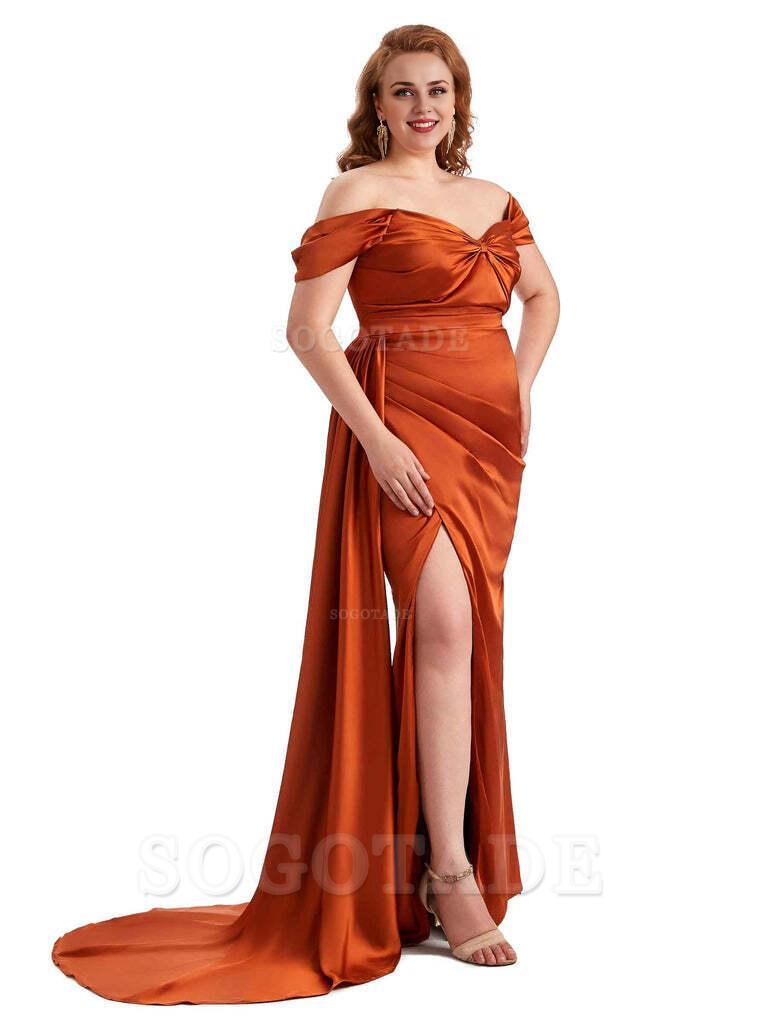  Sexy Side Slit Off The Shoulder Mermaid Soft Satin Long Plus Size Bridesmaid Dress For Wedding