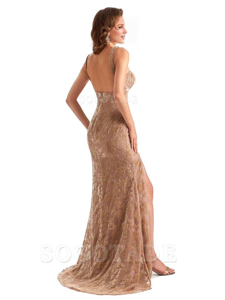 Sexy Side Slit Mermaid Cultivate oneself Lace Floral Velvet Long Bridesmaid Dresses Formal Women's Dresses Wedding Guests Dresses