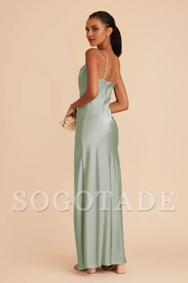 Fully lined pleated neckline with slit and floor length bridesmaid dress