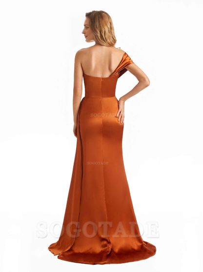 Elegant One Shoulder Soft Satin Long Mermaid Bridesmaid Dresses Online prom shop dresses ﻿