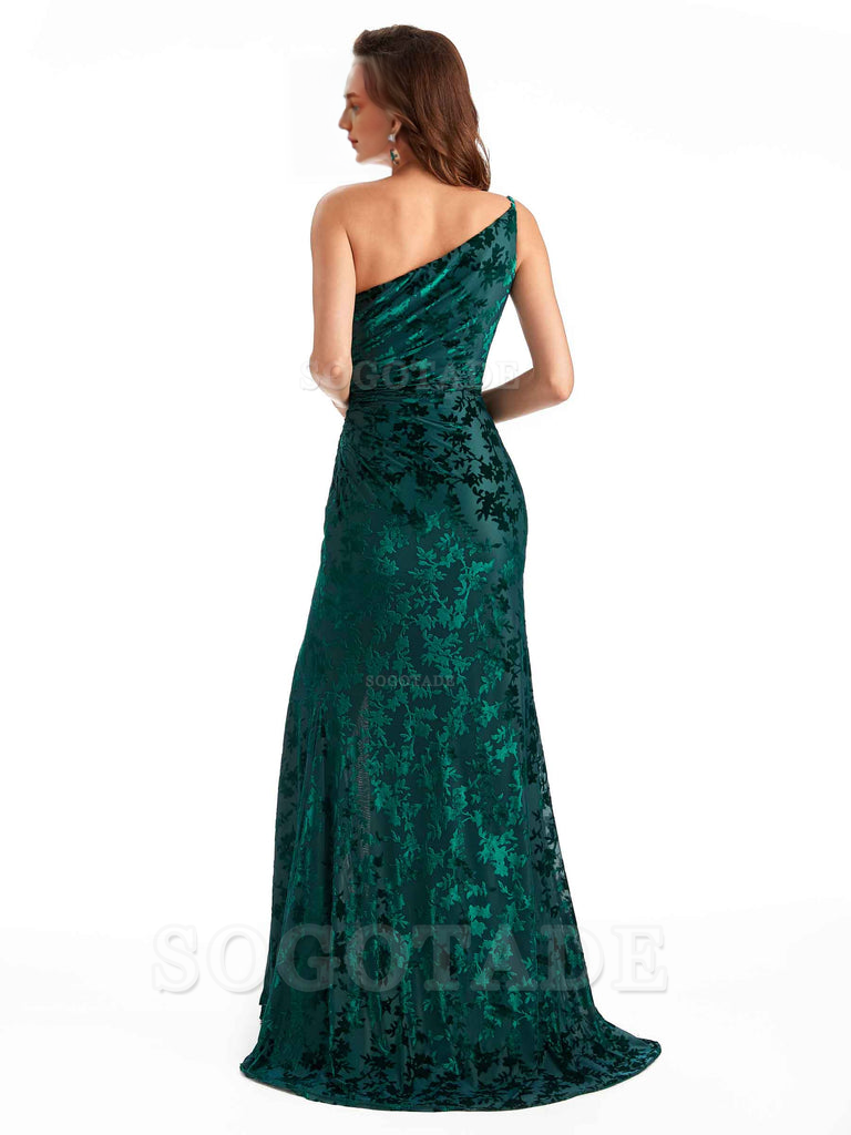 Charming Sexy One Shoulder Side Slit Mermaid Floral Velvet Long Exquisite Bridesmaid Dresses Formal Women's Dresses Wedding Guests Dresses