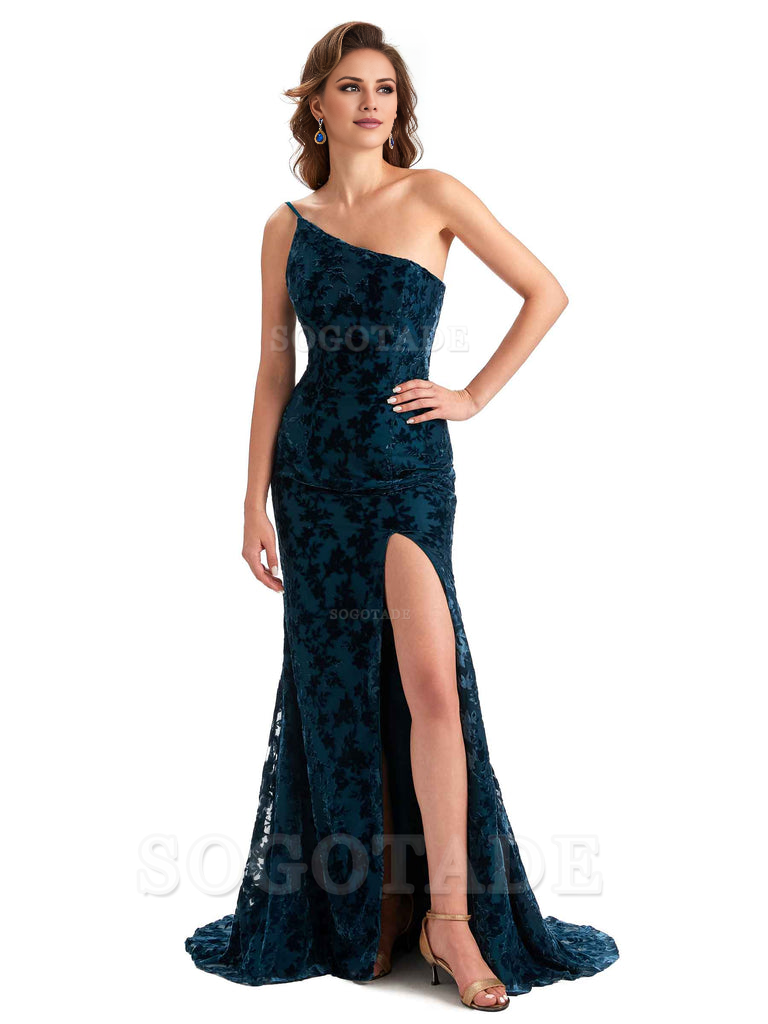 Sexy Magnetic Side Slit Spaghetti Straps Mermaid Floral Velvet Long High Quality Bridesmaid Dresses Formal Women's Dresses Wedding Guests Dresses