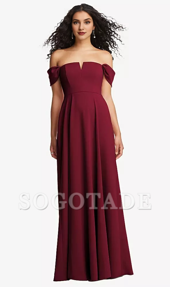 Off shoulder pleated sleeves with A-line extra long Prom dress