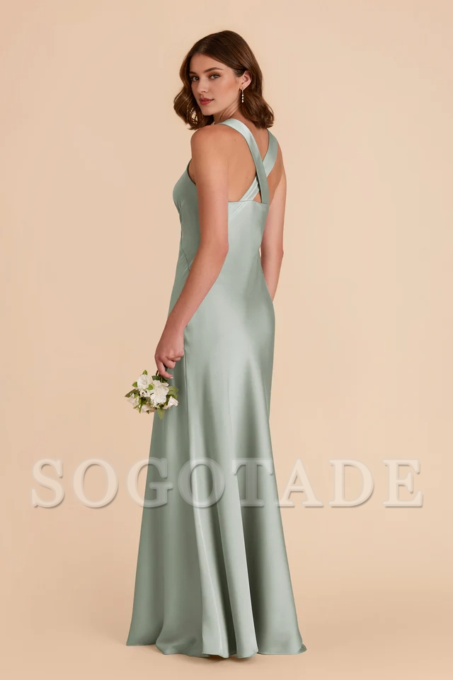 A-line skirt with crossed back and deep V-shaped matte satin bridesmaid dress