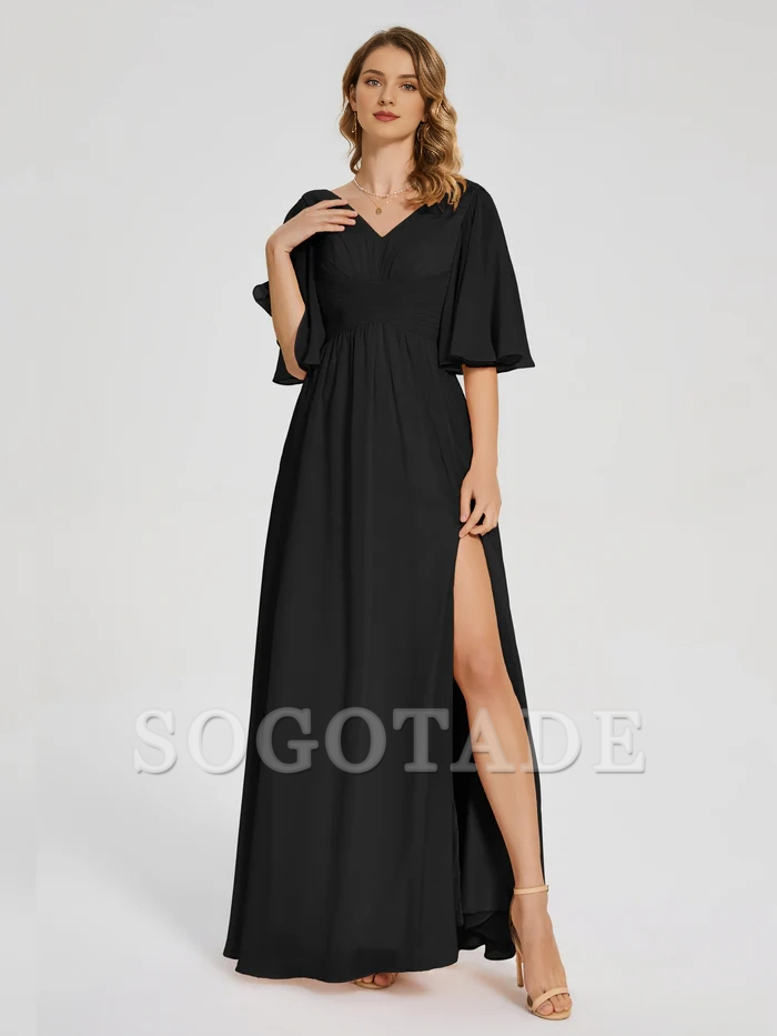 V-neck half sleeved chiffon mother of the bride dress