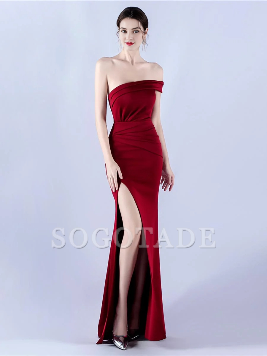 Off shoulder slim shoulder straps with side slits and ground length godons evening dresses