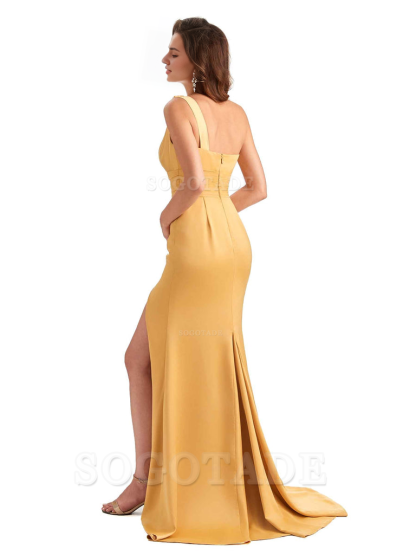 Charming Sexy Unique Side Slit Mermaid Silky One Shoulder Long Bridesmaid Dresses Formal Women's Dresses Wedding Guests Dresses
