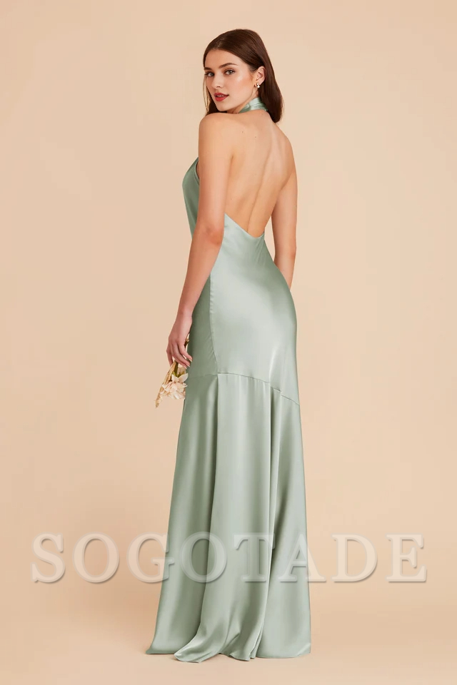 A-line diagonal seam front cross slit hanging neck bridesmaid dress-SOGOTADE
