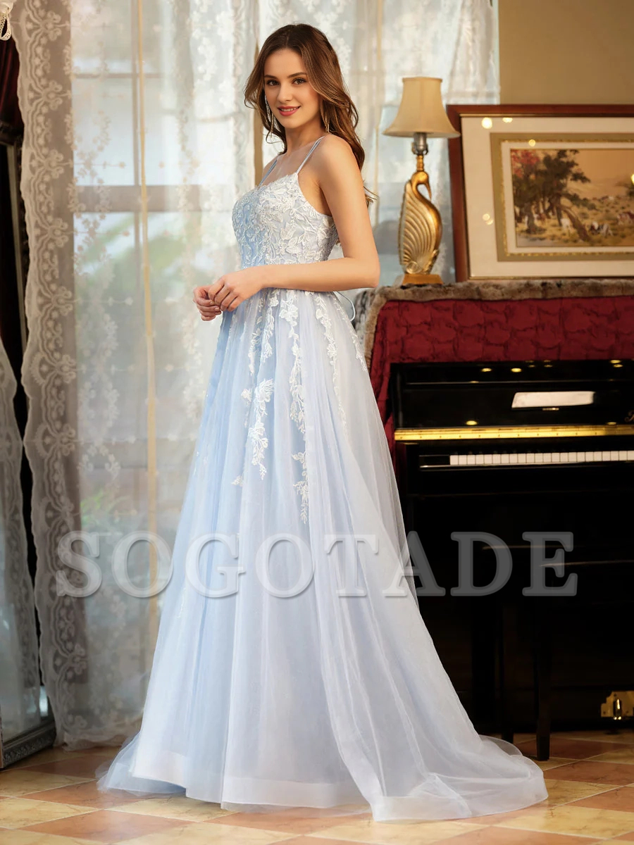 A-line princess chiffon thin shoulder strap embroidered long ball dress