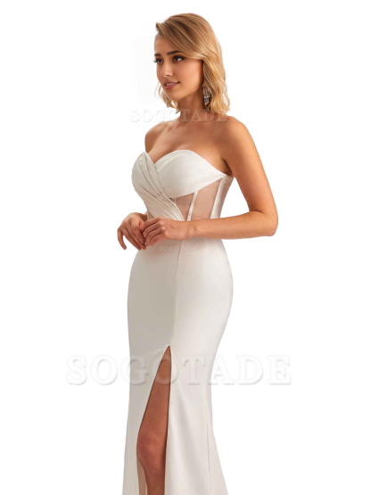 Sexy Sweetheart Strapless Side Slit Mermaid Soft Satin Unique Long Bridesmaid Dress For Wedding