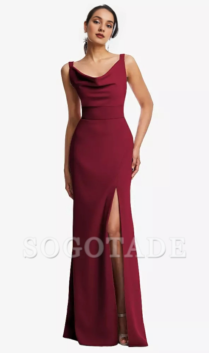 Front slit bucket collar wide shoulder strap crepe horn and floor length Prom dress
