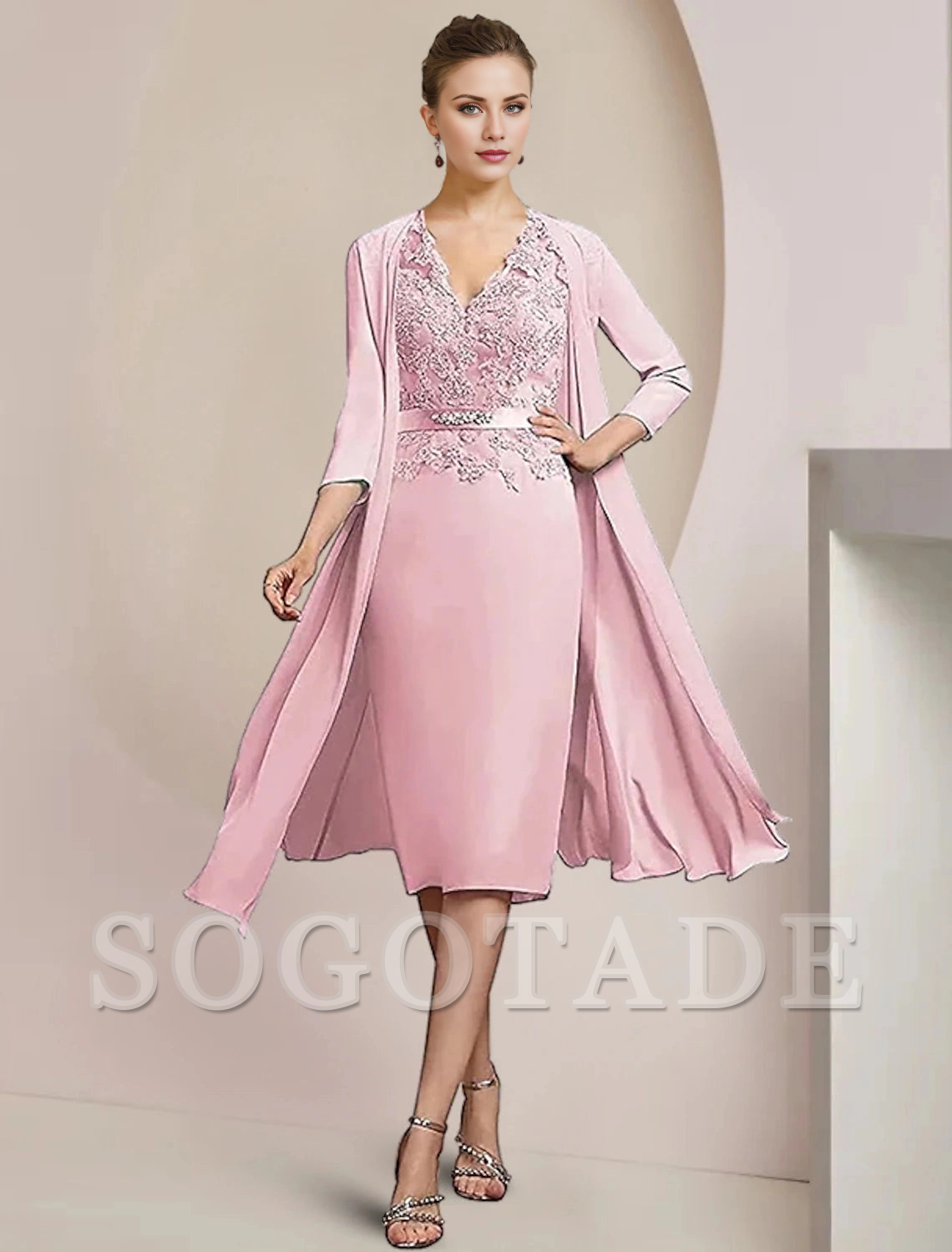 Two Piece Sheath / Column Mother of the Bride Dress Formal Wedding Guest Elegant V Neck Knee Length Chiffon Lace Sleeveless Jacket Dresses with Appliques Crystal Brooch