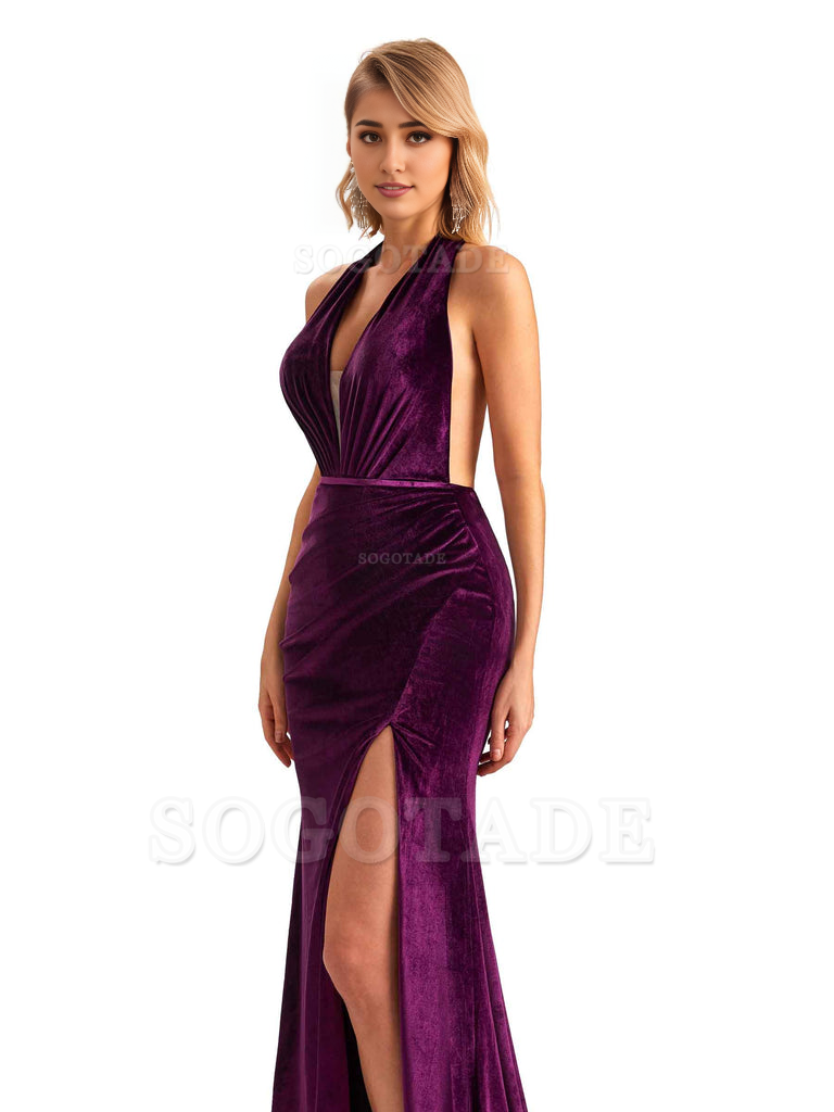 Sexy Deep V Neck Backless Mermaid Halter Side Slit Velvet Long Bridesmaid Dresses Online