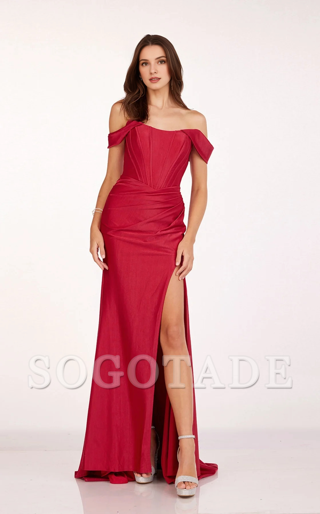 Spoon collar off shoulder sleeves side slits and floor length Prom dress