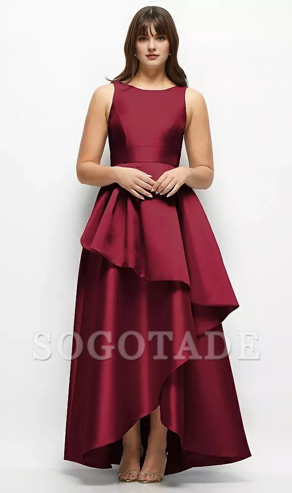 Asymmetric layering and floor length satin Prom dress