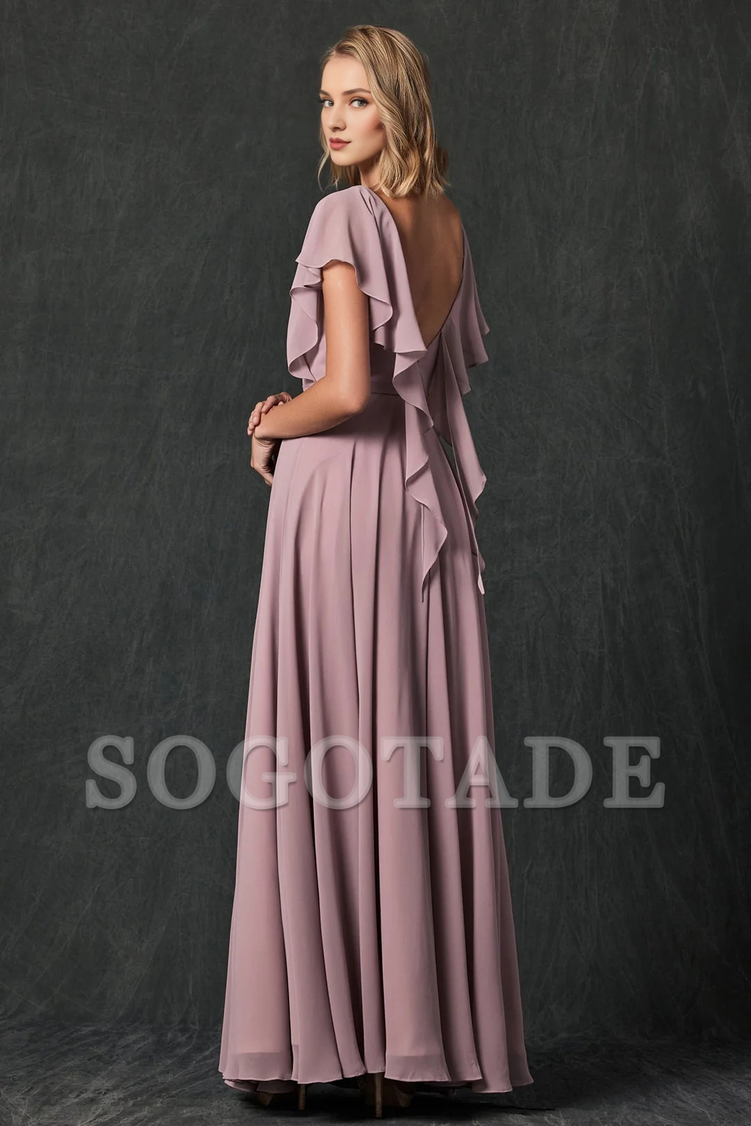 Stacked back transparent flowing sleeve chiffon dress