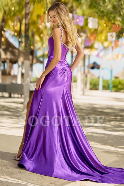 Slimming silk satin dress with rhinestone slit neckline for evening dress
