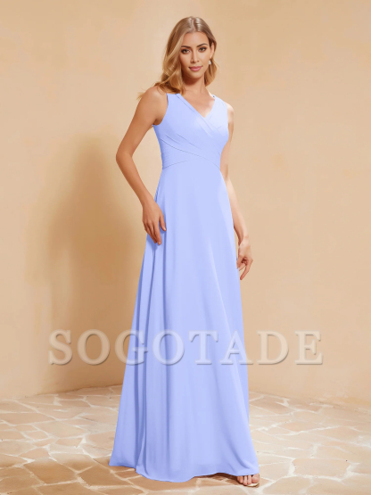 Bow pleated V-neck chiffon A-line dress