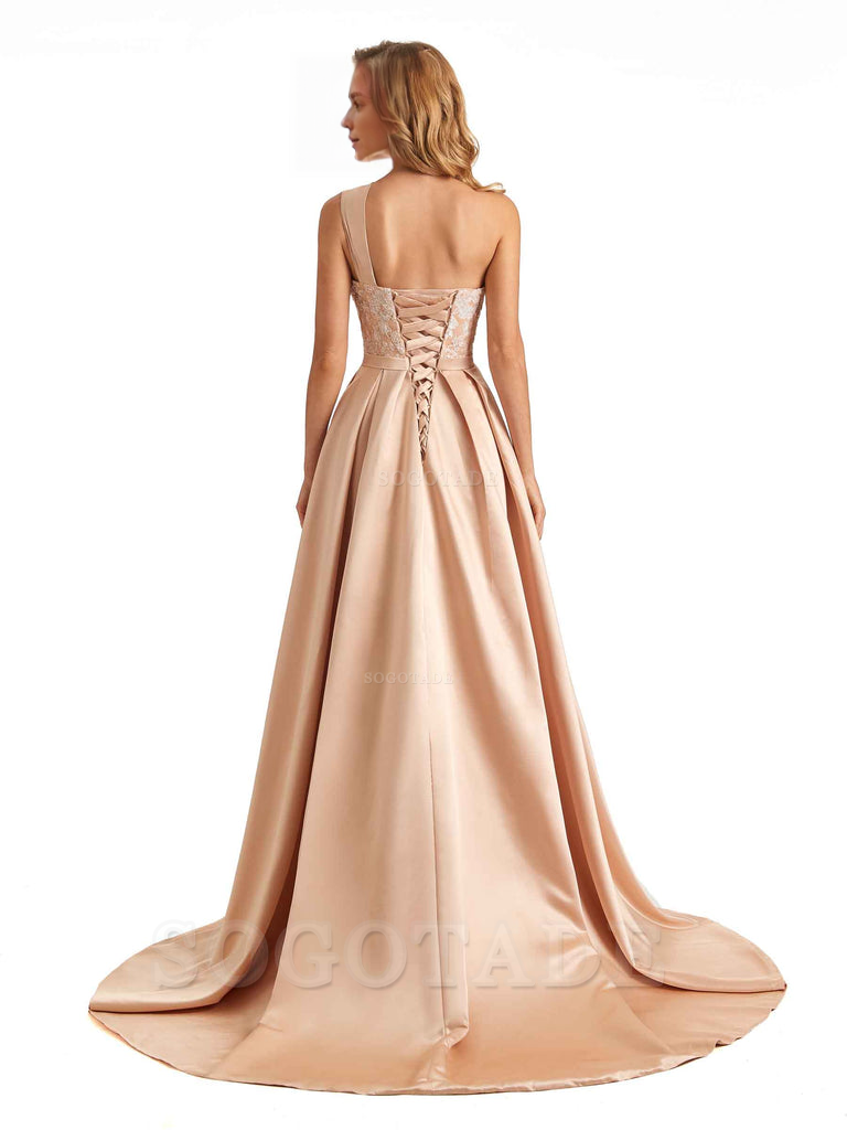Sexy Side Slit One Shoulder A-Line Soft Satin Long Bridesmaid Dresses Online prom dress in store
