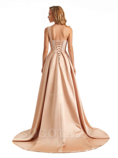 Sexy Side Slit One Shoulder A-Line Soft Satin Long Bridesmaid Dresses Online prom dress in store