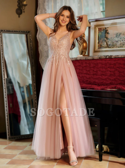 A-line princess V-neck chiffon slit side decal long ball gown