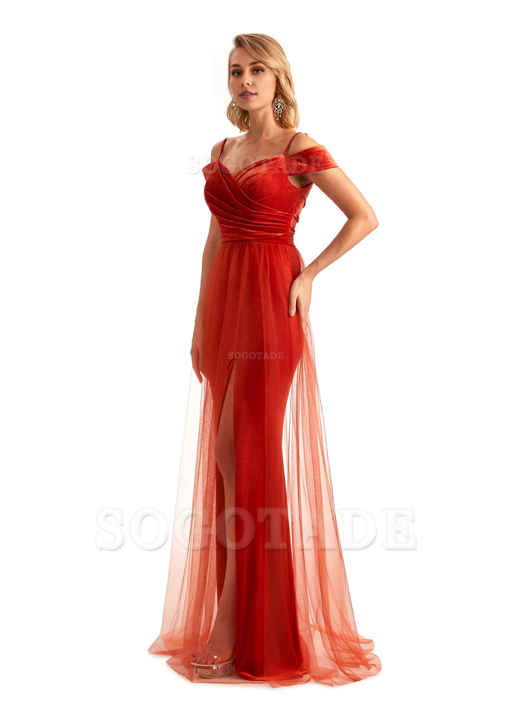 Elegant Mermaid Spaghetti Straps Floor Length Cold Shoulder Side Slit Tulle Velvet Long Bridesmaid Dresses