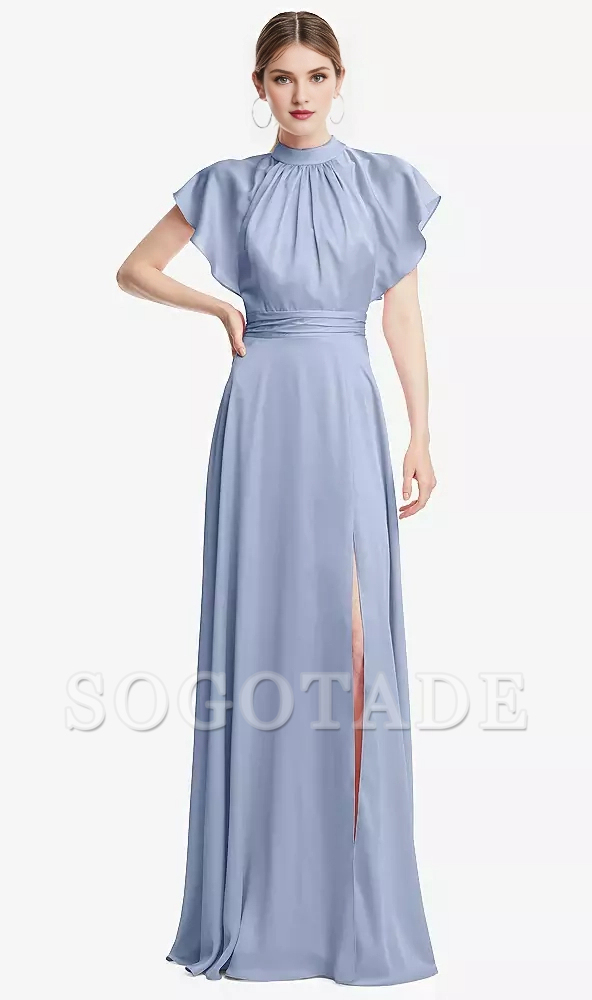 Wrinkled stand collar with ruffled sleeves backless long Prom dress