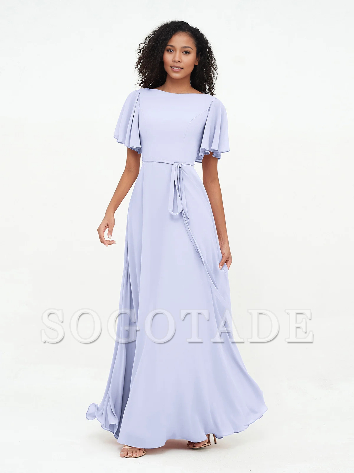 Bow fluttering sleeves chiffon bridesmaid dress