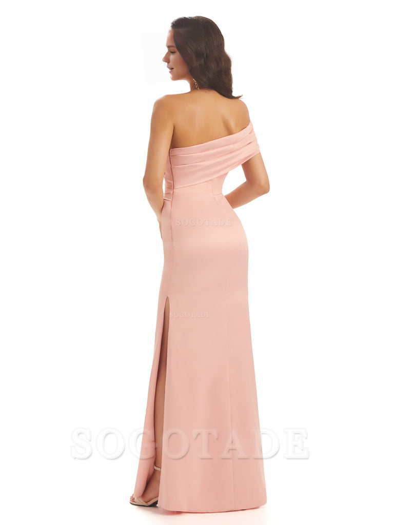 Soft Satin Sexy Side Slit One Shoulder Long Mermaid Bridesmaid Dresses Online prom dress in store