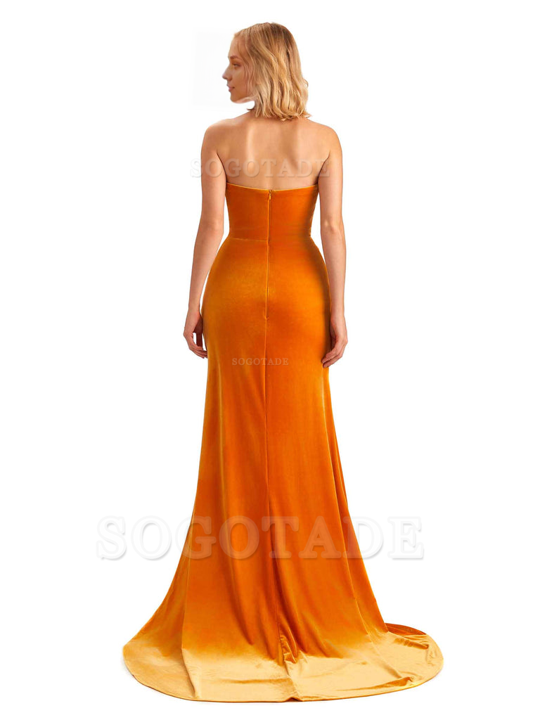  Sexy Side Hight Slit Sleeveless Mermaid Strapless Velvet Long Bridesmaid Dresses Online