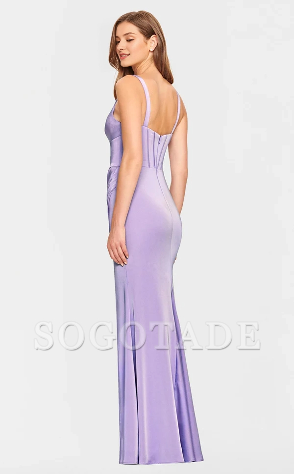 Deep V-neck sleeveless satin tight corset with side slits and floor length evening dress