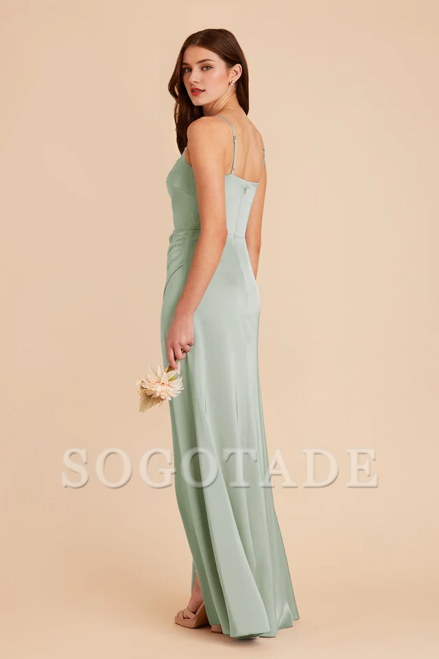 Asymmetric collar satin pillar wrapped slit bridesmaid dress