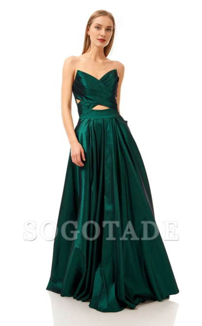 A-line V-neck satin strapless and floor length Prom dress